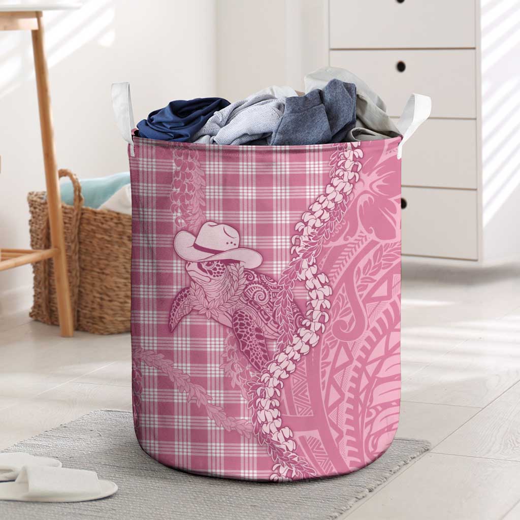 Pink Hawaii Palaka Cowboy Turtle Laundry Basket Hawaiian Paniolo Puakenikeni Maile Lei - Polynesian Pride