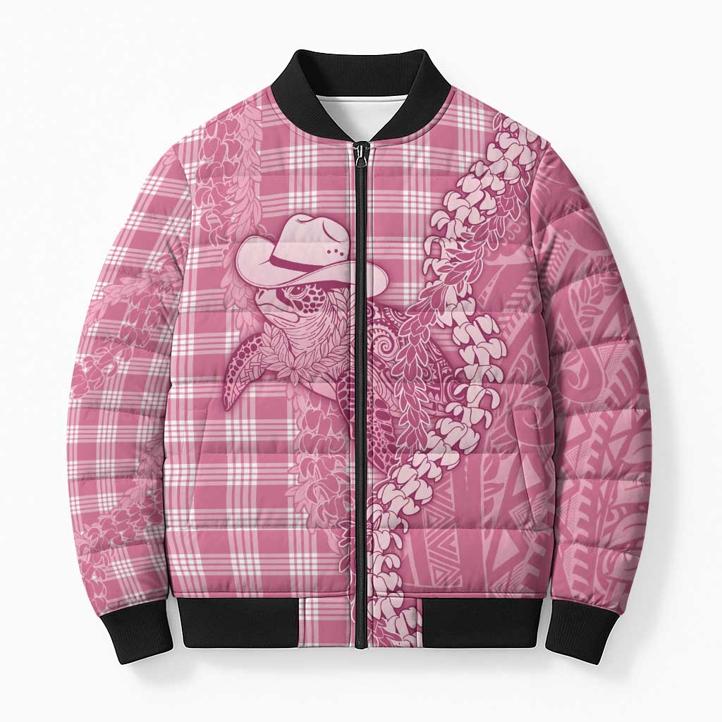 Pink Hawaii Palaka Cowboy Turtle Bomber Puffer Jacket Hawaiian Paniolo Puakenikeni Maile Lei - Polynesian Pride