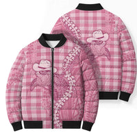Pink Hawaii Palaka Cowboy Turtle Bomber Puffer Jacket Hawaiian Paniolo Puakenikeni Maile Lei - Polynesian Pride