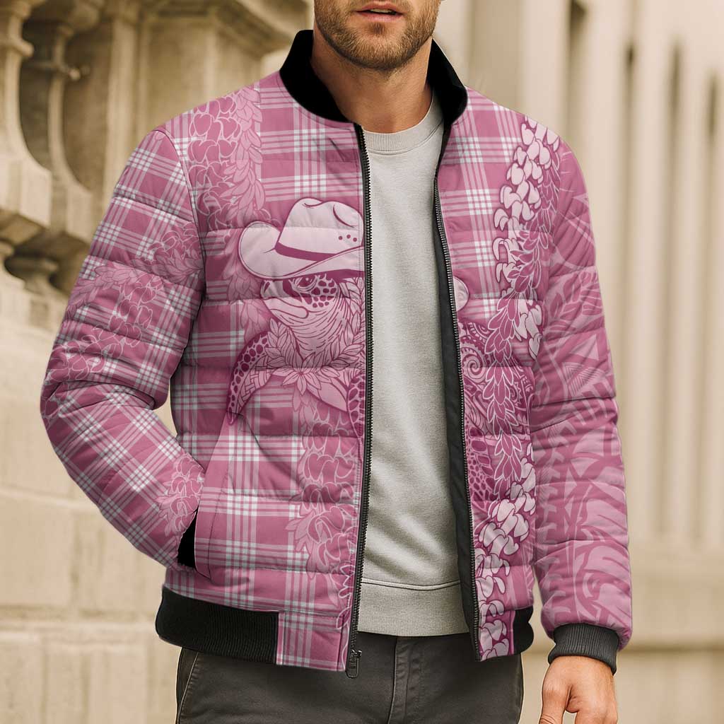 Pink Hawaii Palaka Cowboy Turtle Bomber Puffer Jacket Hawaiian Paniolo Puakenikeni Maile Lei - Polynesian Pride