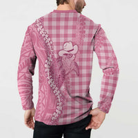 Pink Hawaii Palaka Cowboy Turtle Button Sweatshirt Hawaiian Paniolo Puakenikeni Maile Lei - Polynesian Pride