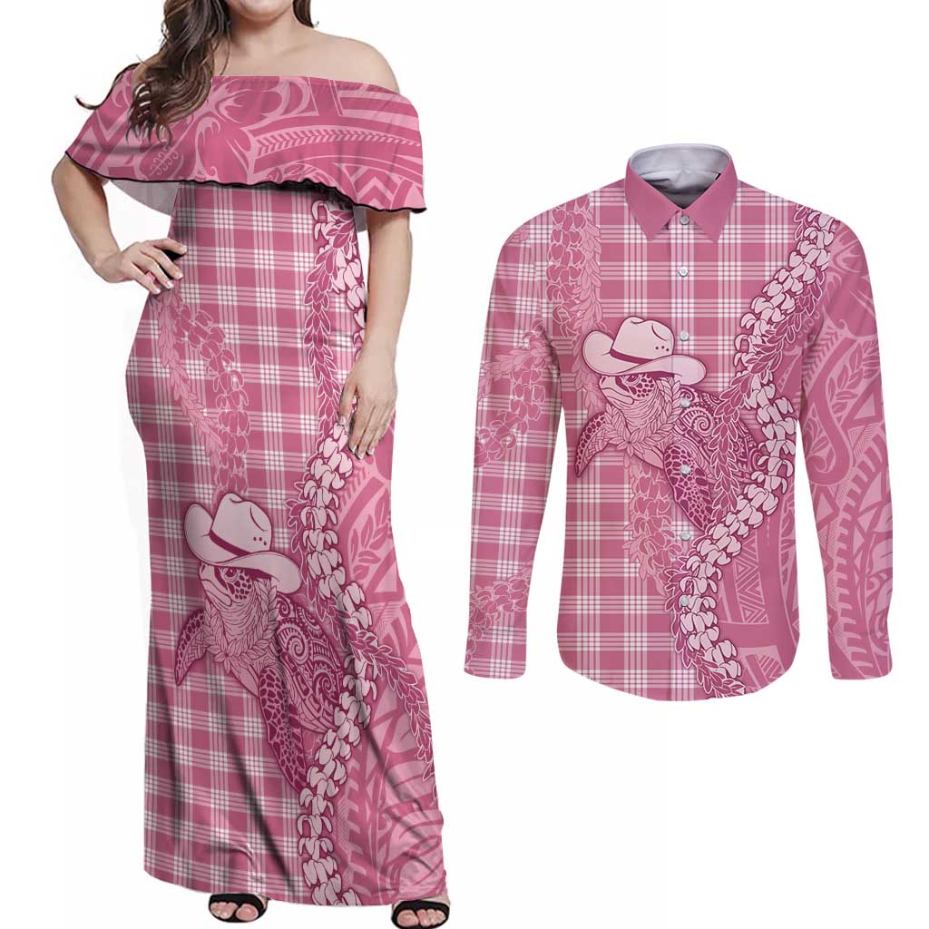Pink Hawaii Palaka Cowboy Turtle Couples Matching Off Shoulder Maxi Dress and Long Sleeve Button Shirt Hawaiian Paniolo Puakenikeni Maile Lei - Polynesian Pride