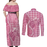 Pink Hawaii Palaka Cowboy Turtle Couples Matching Off Shoulder Maxi Dress and Long Sleeve Button Shirt Hawaiian Paniolo Puakenikeni Maile Lei - Polynesian Pride