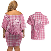 Pink Hawaii Palaka Cowboy Turtle Couples Matching Off Shoulder Short Dress and Hawaiian Shirt Hawaiian Paniolo Puakenikeni Maile Lei - Polynesian Pride