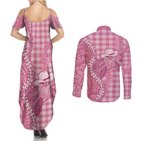 Pink Hawaii Palaka Cowboy Turtle Couples Matching Summer Maxi Dress and Long Sleeve Button Shirt Hawaiian Paniolo Puakenikeni Maile Lei - Polynesian Pride