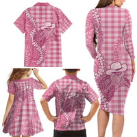 Pink Hawaii Palaka Cowboy Turtle Family Matching Long Sleeve Bodycon Dress and Hawaiian Shirt Hawaiian Paniolo Puakenikeni Maile Lei - Polynesian Pride