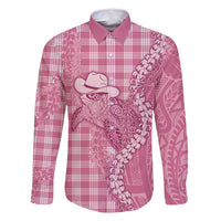 Pink Hawaii Palaka Cowboy Turtle Family Matching Long Sleeve Bodycon Dress and Hawaiian Shirt Hawaiian Paniolo Puakenikeni Maile Lei - Polynesian Pride