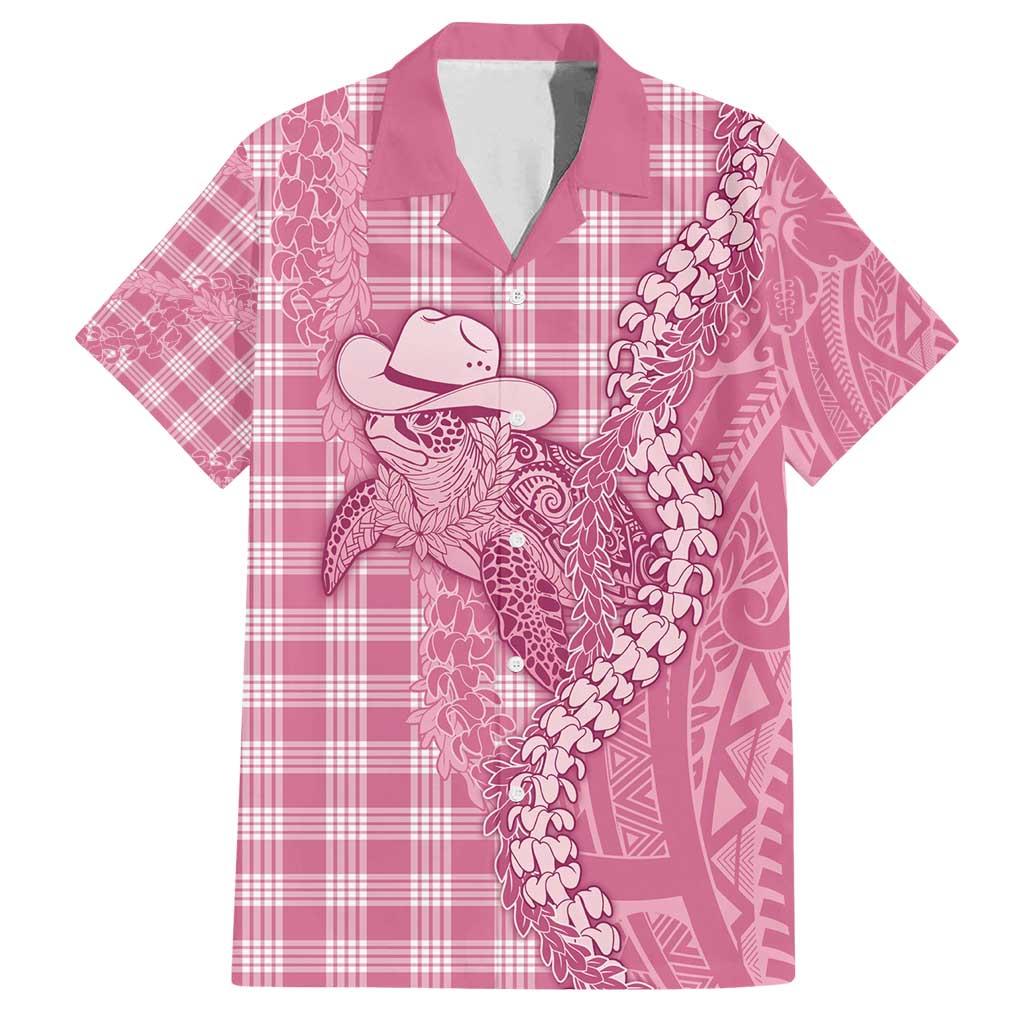 Pink Hawaii Palaka Cowboy Turtle Family Matching Off Shoulder Maxi Dress and Hawaiian Shirt Hawaiian Paniolo Puakenikeni Maile Lei - Polynesian Pride