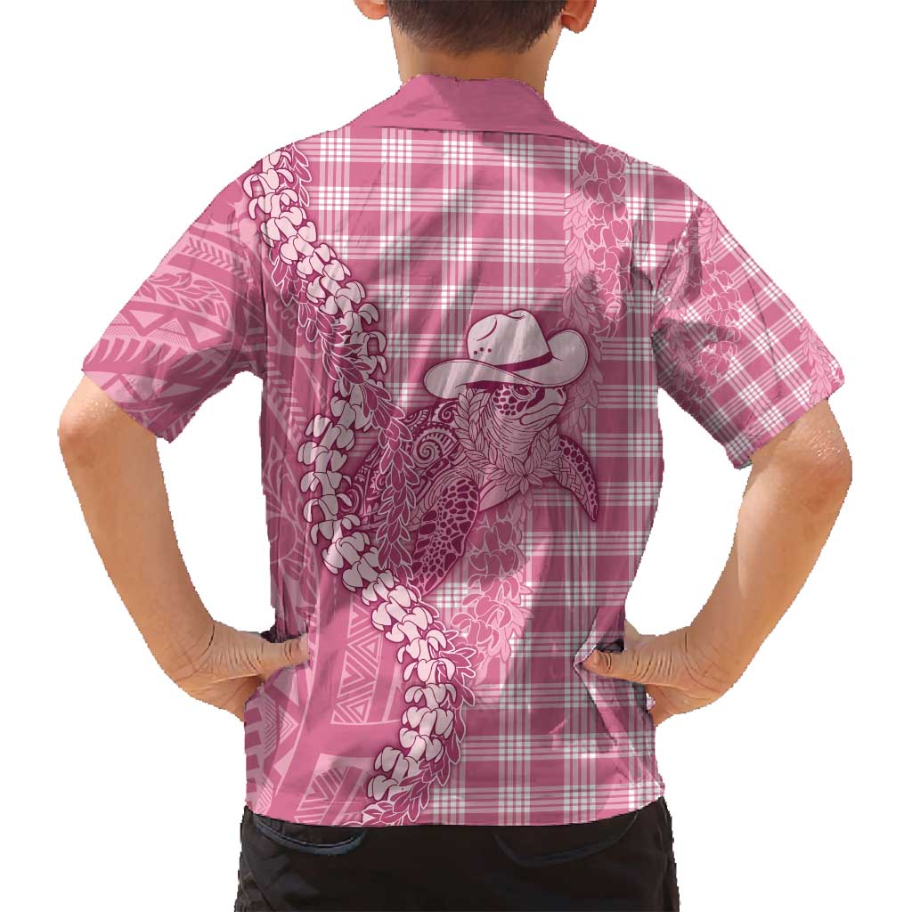 Pink Hawaii Palaka Cowboy Turtle Family Matching Off Shoulder Short Dress and Hawaiian Shirt Hawaiian Paniolo Puakenikeni Maile Lei - Polynesian Pride