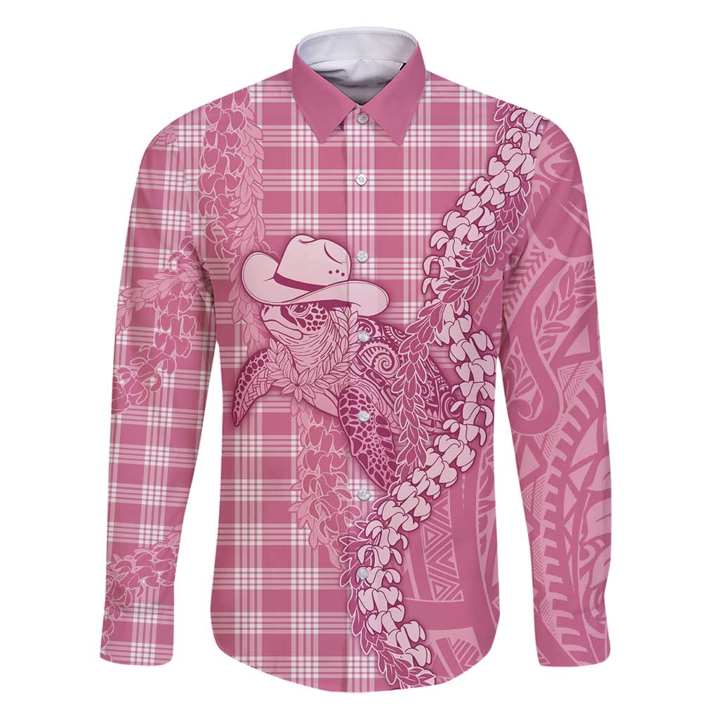 Pink Hawaii Palaka Cowboy Turtle Family Matching Off Shoulder Short Dress and Hawaiian Shirt Hawaiian Paniolo Puakenikeni Maile Lei - Polynesian Pride