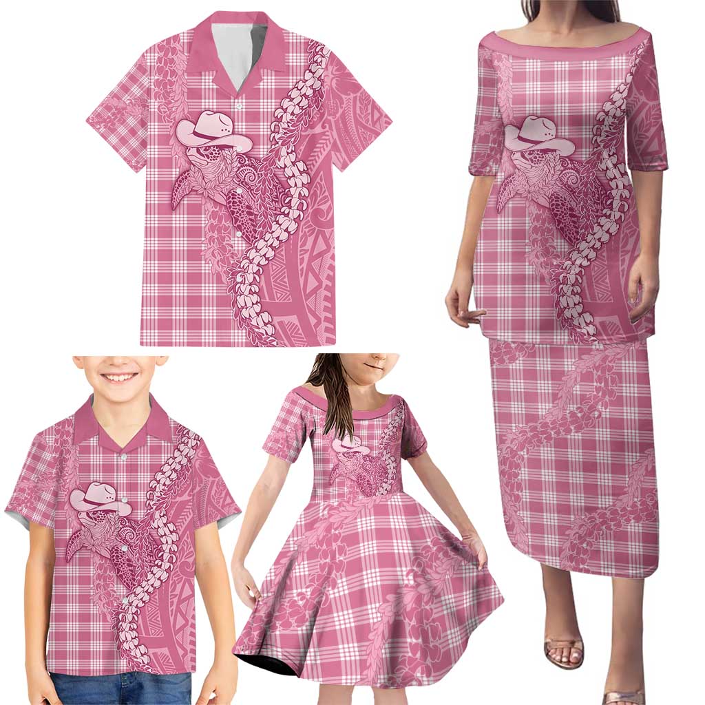 Pink Hawaii Palaka Cowboy Turtle Family Matching Puletasi and Hawaiian Shirt Hawaiian Paniolo Puakenikeni Maile Lei - Polynesian Pride