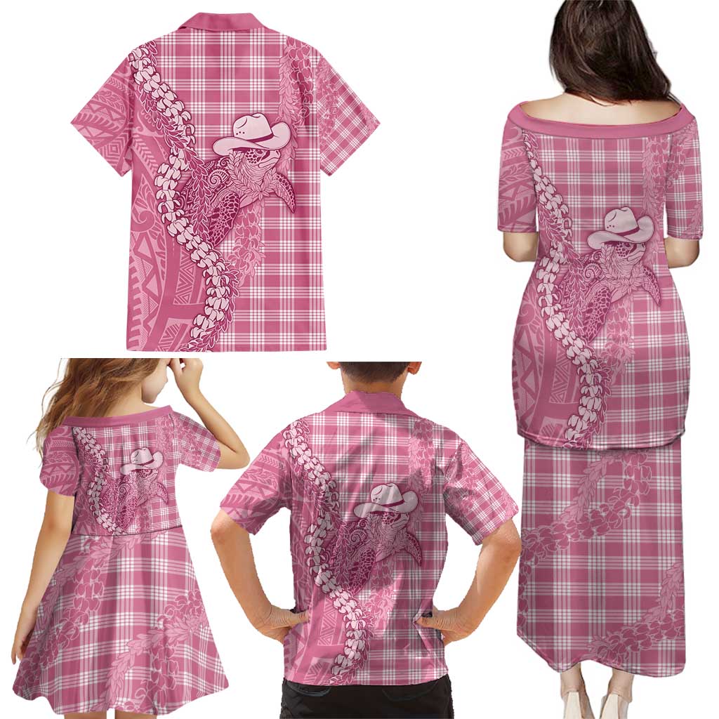 Pink Hawaii Palaka Cowboy Turtle Family Matching Puletasi and Hawaiian Shirt Hawaiian Paniolo Puakenikeni Maile Lei - Polynesian Pride