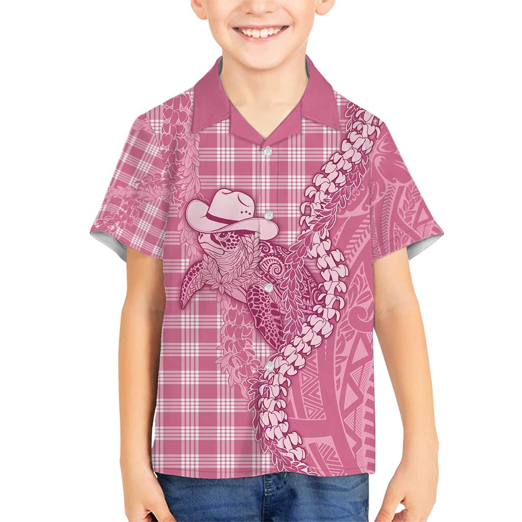 Pink Hawaii Palaka Cowboy Turtle Family Matching Puletasi and Hawaiian Shirt Hawaiian Paniolo Puakenikeni Maile Lei - Polynesian Pride