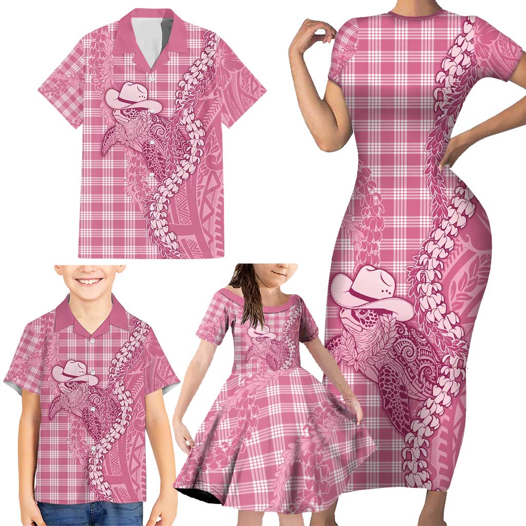 Pink Hawaii Palaka Cowboy Turtle Family Matching Short Sleeve Bodycon Dress and Hawaiian Shirt Hawaiian Paniolo Puakenikeni Maile Lei - Polynesian Pride