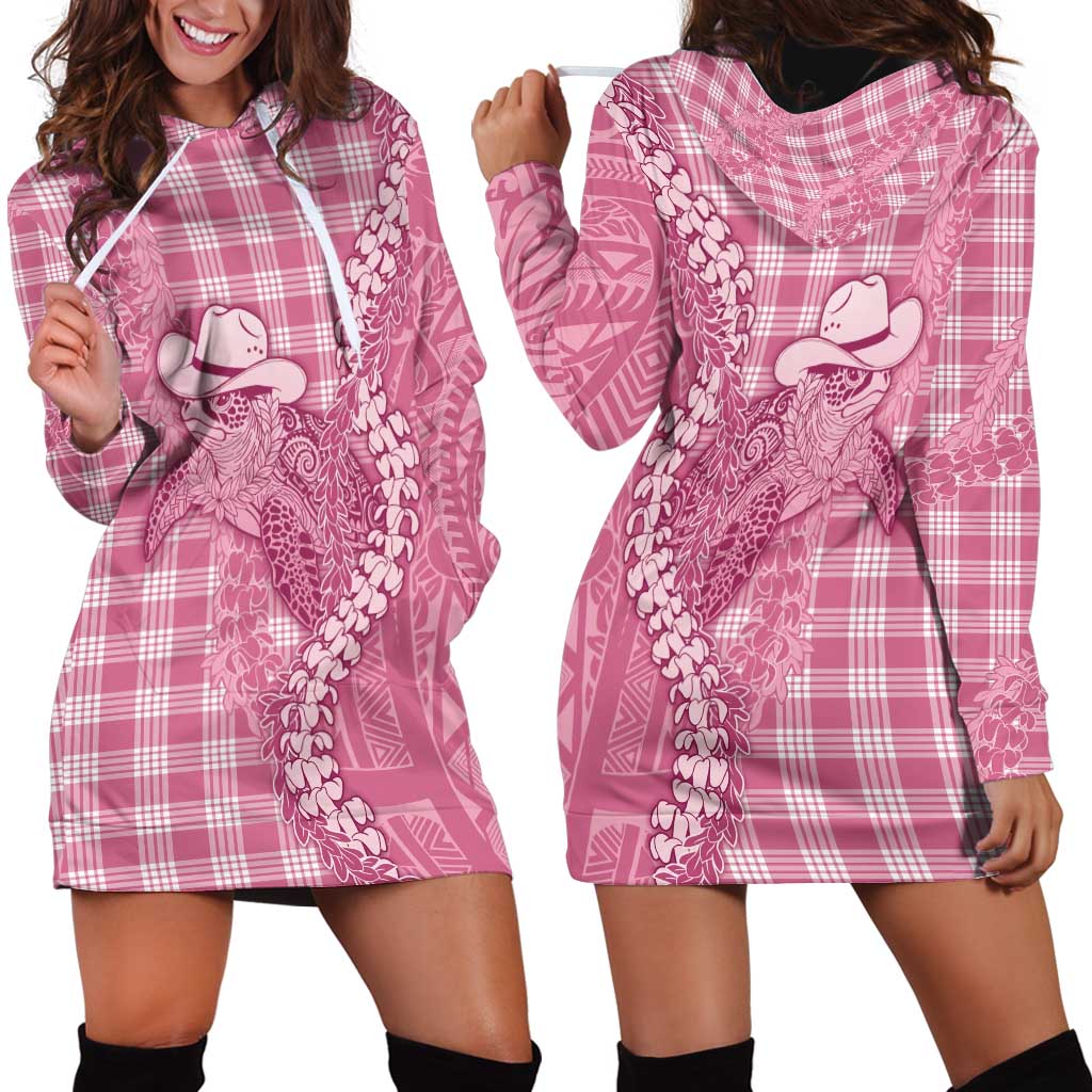 Pink Hawaii Palaka Cowboy Turtle Hoodie Dress Hawaiian Paniolo Puakenikeni Maile Lei - Polynesian Pride