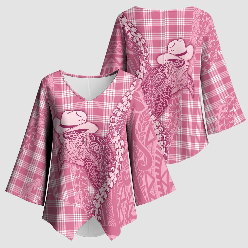 Pink Hawaii Palaka Cowboy Turtle Kimono Sleeve Blouse Hawaiian Paniolo Puakenikeni Maile Lei - Polynesian Pride