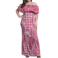 Pink Hawaii Palaka Cowboy Turtle Off Shoulder Maxi Dress Hawaiian Paniolo Puakenikeni Maile Lei - Polynesian Pride