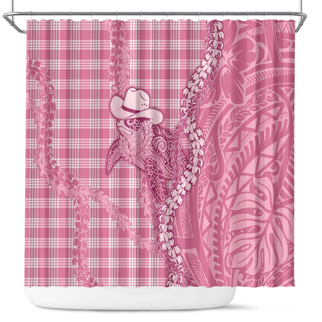 Pink Hawaii Palaka Cowboy Turtle Shower Curtain Hawaiian Paniolo Puakenikeni Maile Lei - Polynesian Pride