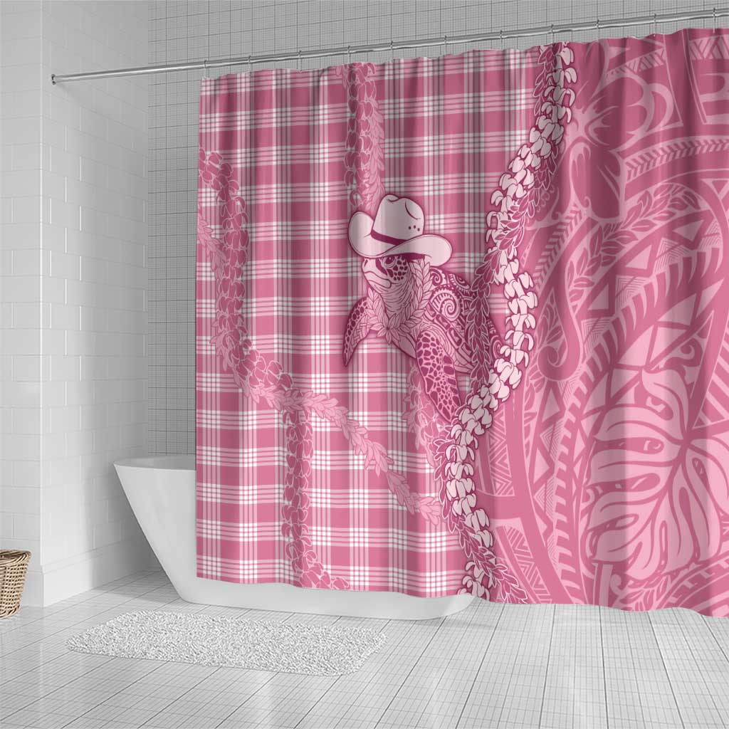 Pink Hawaii Palaka Cowboy Turtle Shower Curtain Hawaiian Paniolo Puakenikeni Maile Lei - Polynesian Pride