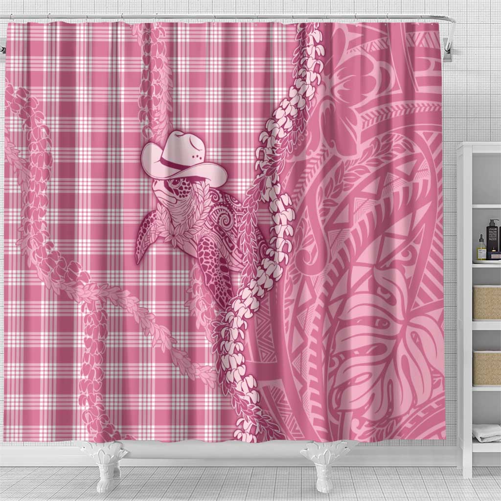Pink Hawaii Palaka Cowboy Turtle Shower Curtain Hawaiian Paniolo Puakenikeni Maile Lei - Polynesian Pride