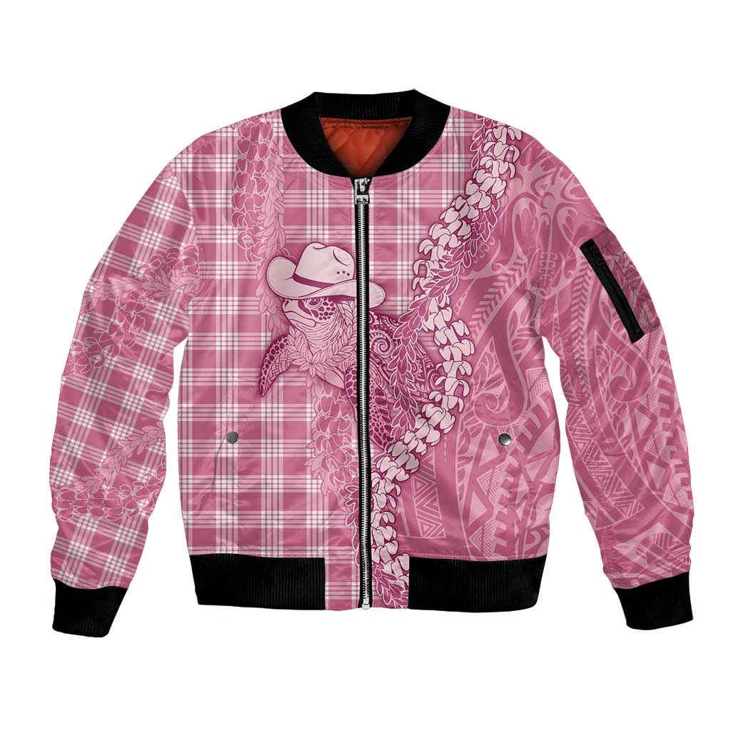 Pink Hawaii Palaka Cowboy Turtle Sleeve Zip Bomber Jacket Hawaiian Paniolo Puakenikeni Maile Lei - Polynesian Pride