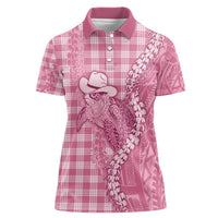 Pink Hawaii Palaka Cowboy Turtle Women Polo Shirt Hawaiian Paniolo Puakenikeni Maile Lei - Polynesian Pride