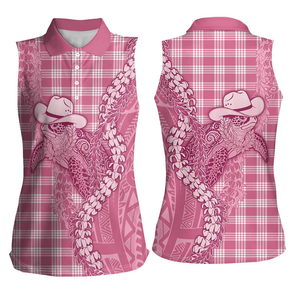 Pink Hawaii Palaka Cowboy Turtle Women Sleeveless Polo Shirt Hawaiian Paniolo Puakenikeni Maile Lei - Polynesian Pride