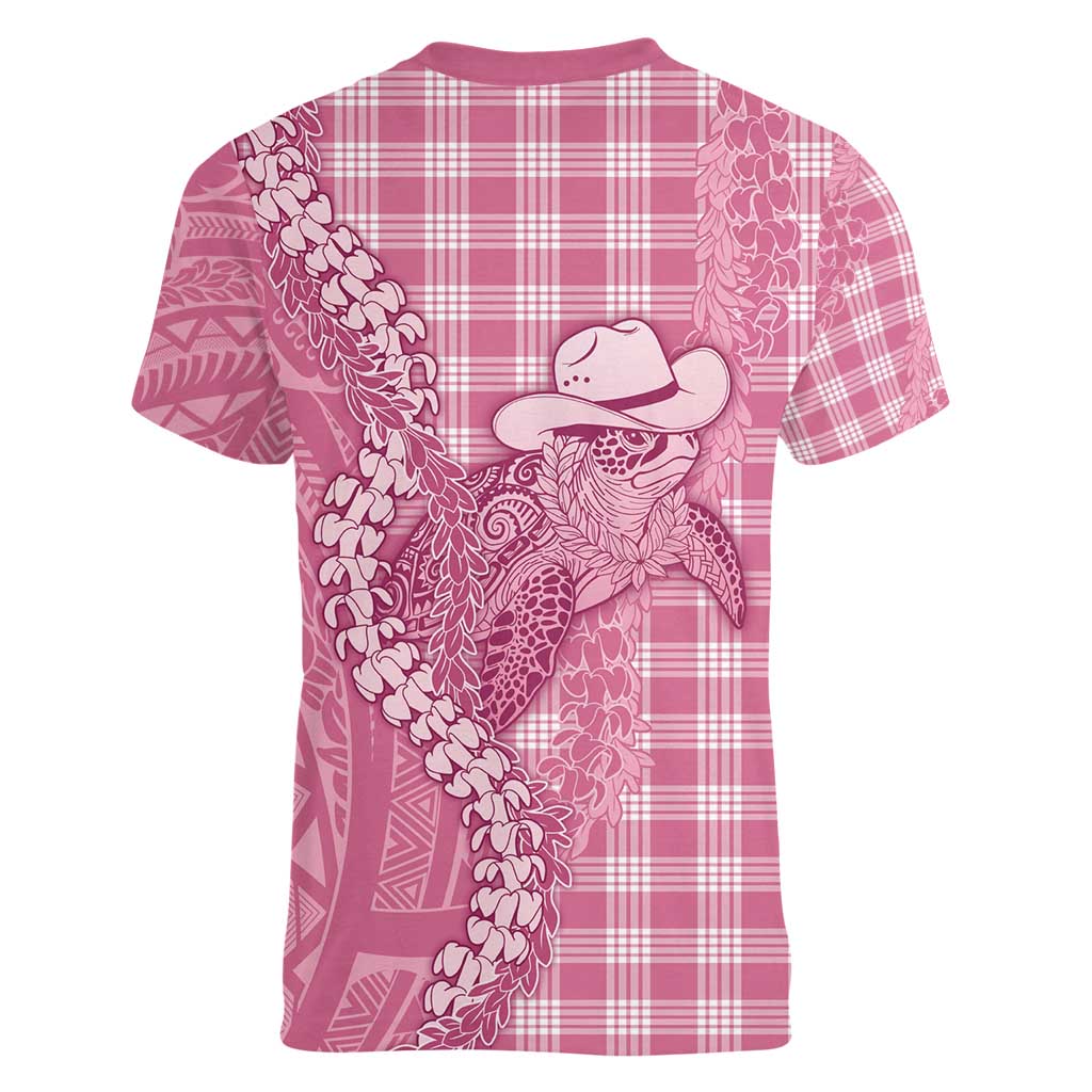 Pink Hawaii Palaka Cowboy Turtle Women V-Neck T-Shirt Hawaiian Paniolo Puakenikeni Maile Lei - Polynesian Pride