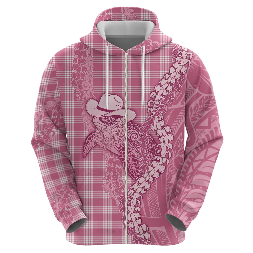 Pink Hawaii Palaka Cowboy Turtle Zip Hoodie Hawaiian Paniolo Puakenikeni Maile Lei - Polynesian Pride