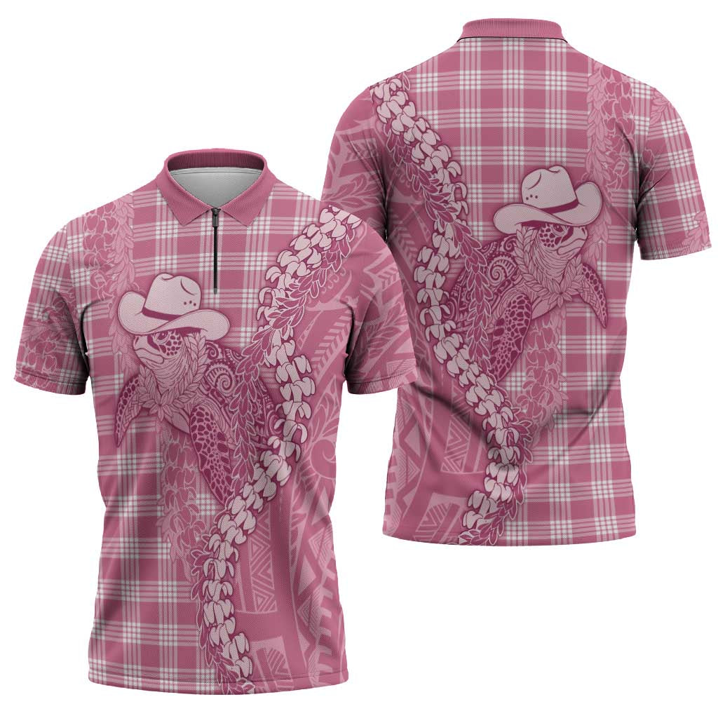 Pink Hawaii Palaka Cowboy Turtle Zipper Polo Shirt Hawaiian Paniolo Puakenikeni Maile Lei - Polynesian Pride