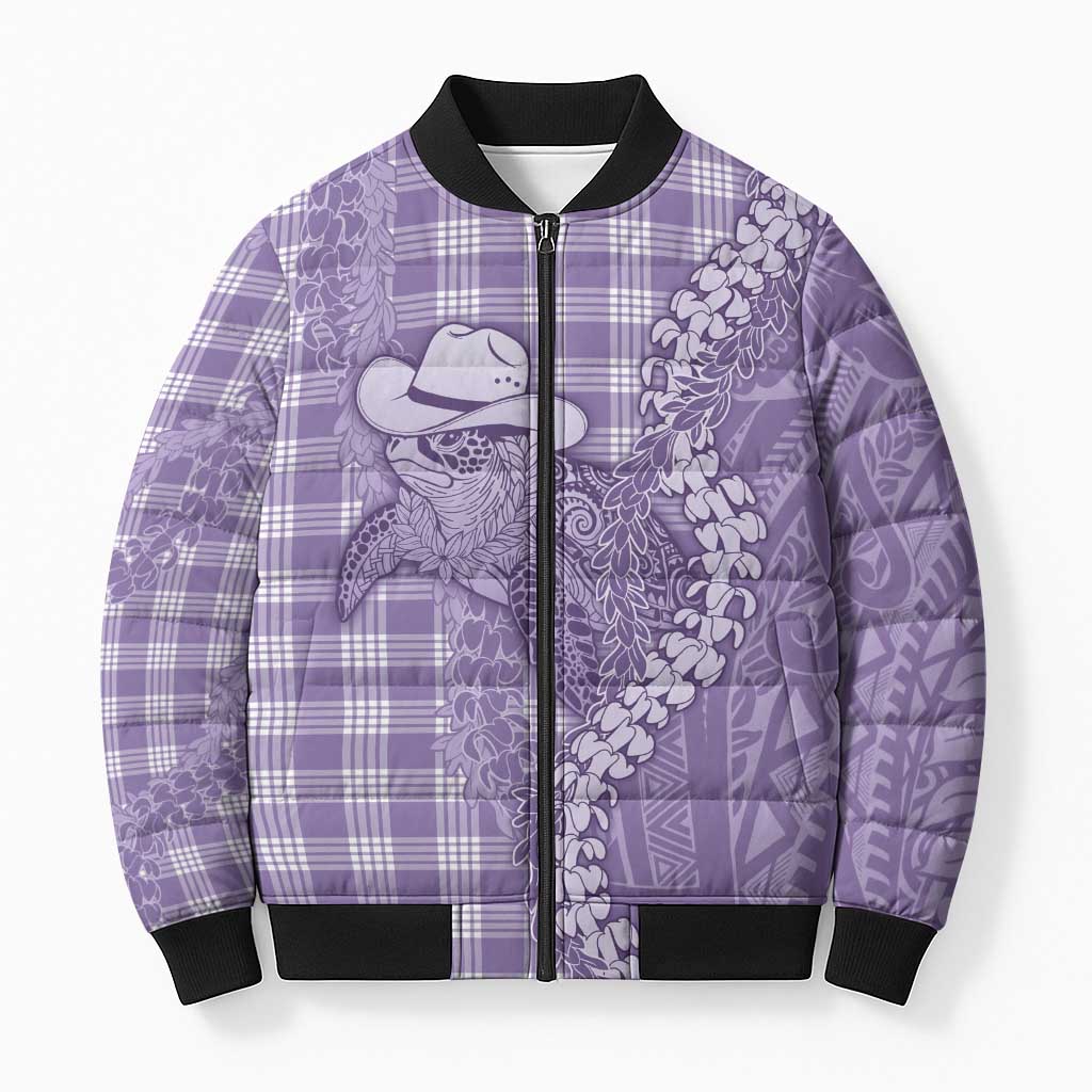 Purple Hawaii Palaka Cowboy Turtle Bomber Puffer Jacket Hawaiian Paniolo Puakenikeni Maile Lei - Polynesian Pride