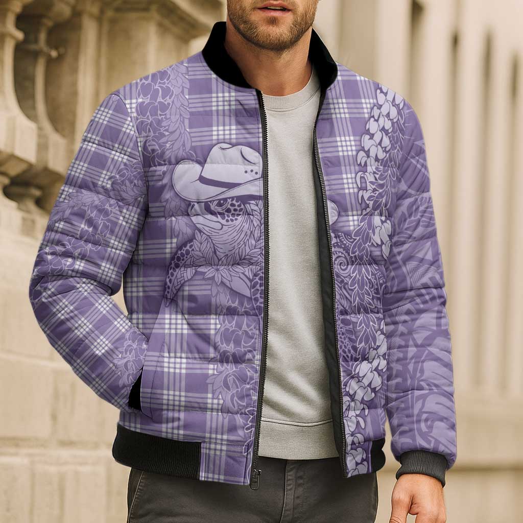 Purple Hawaii Palaka Cowboy Turtle Bomber Puffer Jacket Hawaiian Paniolo Puakenikeni Maile Lei - Polynesian Pride