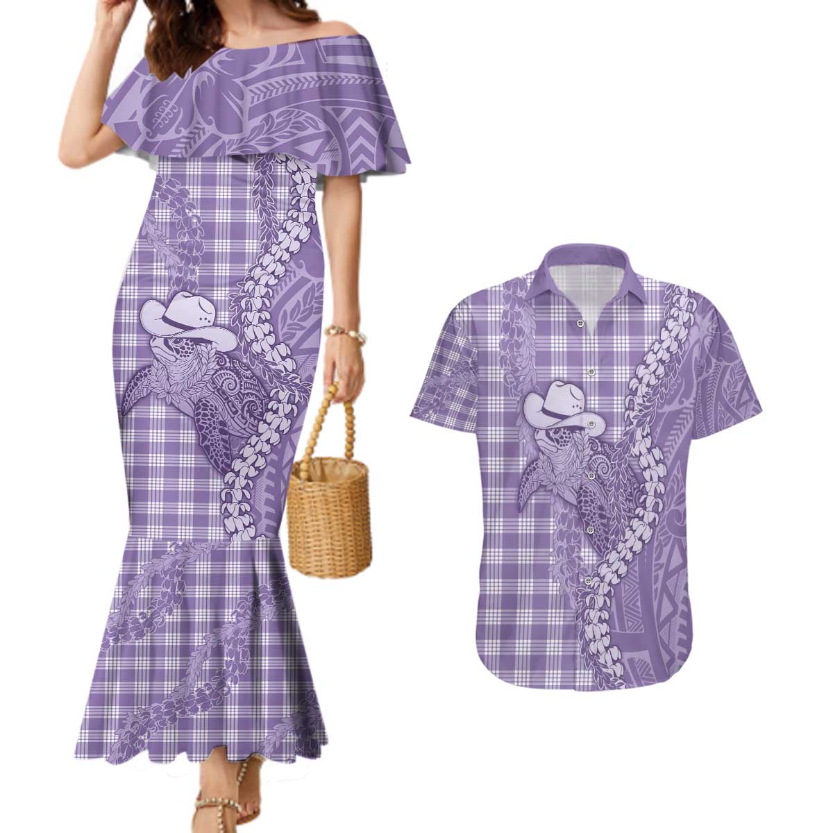 Purple Hawaii Palaka Cowboy Turtle Couples Matching Mermaid Dress and Hawaiian Shirt Hawaiian Paniolo Puakenikeni Maile Lei - Polynesian Pride