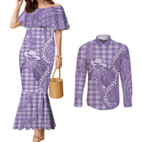 Purple Hawaii Palaka Cowboy Turtle Couples Matching Mermaid Dress and Long Sleeve Button Shirt Hawaiian Paniolo Puakenikeni Maile Lei - Polynesian Pride