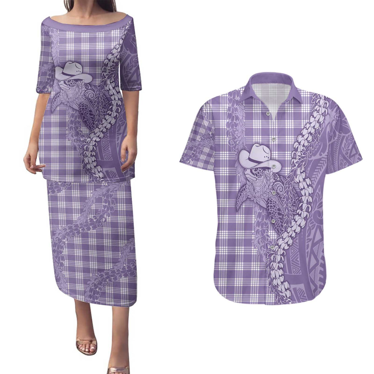 Purple Hawaii Palaka Cowboy Turtle Couples Matching Puletasi and Hawaiian Shirt Hawaiian Paniolo Puakenikeni Maile Lei - Polynesian Pride