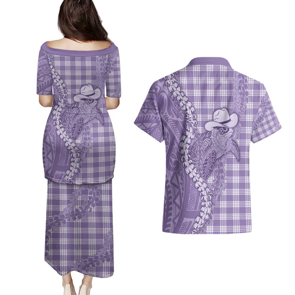 Purple Hawaii Palaka Cowboy Turtle Couples Matching Puletasi and Hawaiian Shirt Hawaiian Paniolo Puakenikeni Maile Lei - Polynesian Pride