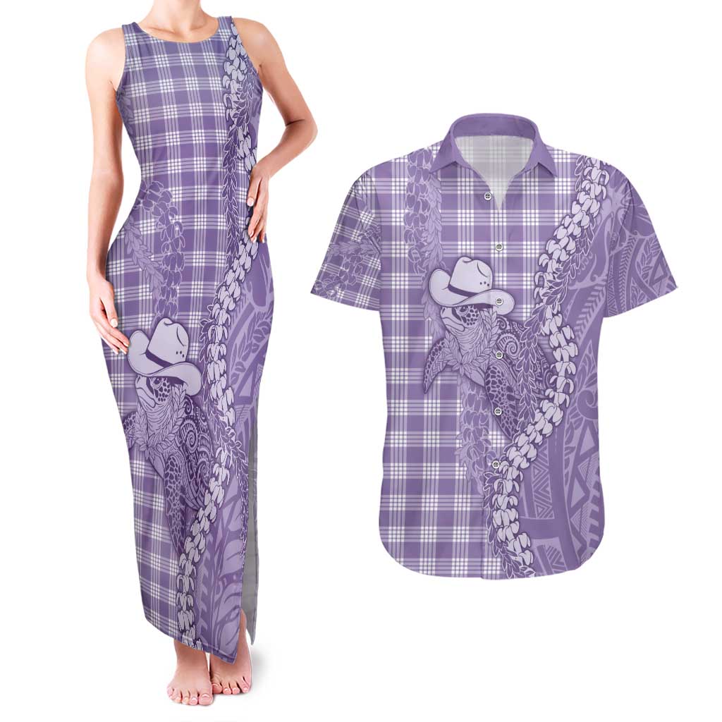 Purple Hawaii Palaka Cowboy Turtle Couples Matching Tank Maxi Dress and Hawaiian Shirt Hawaiian Paniolo Puakenikeni Maile Lei - Polynesian Pride