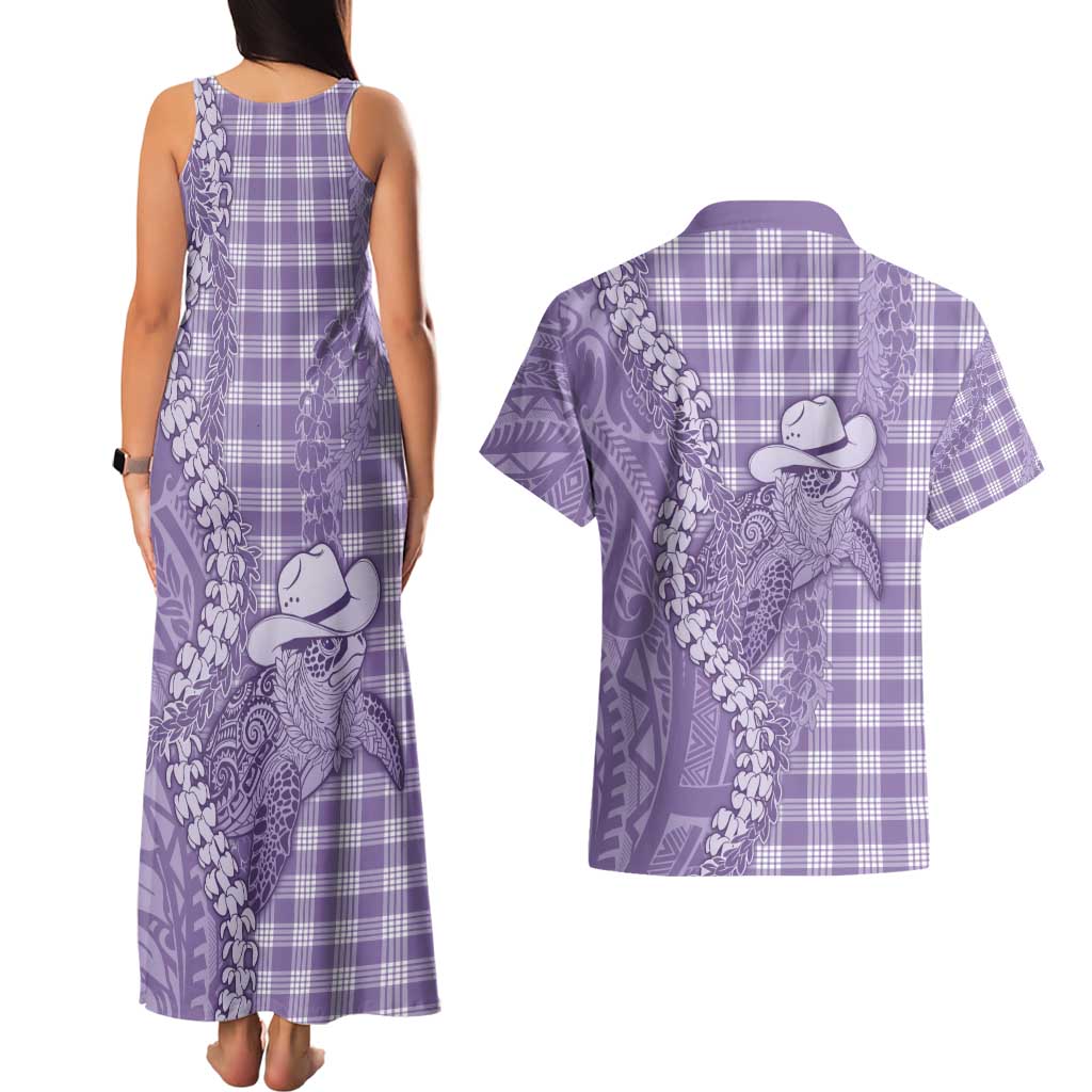 Purple Hawaii Palaka Cowboy Turtle Couples Matching Tank Maxi Dress and Hawaiian Shirt Hawaiian Paniolo Puakenikeni Maile Lei - Polynesian Pride