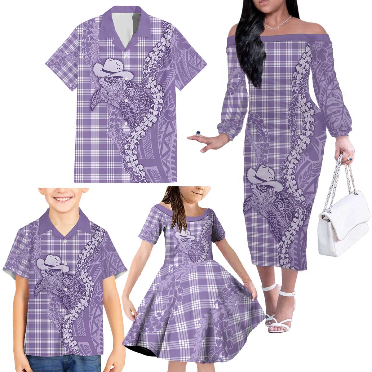 Purple Hawaii Palaka Cowboy Turtle Family Matching Off The Shoulder Long Sleeve Dress and Hawaiian Shirt Hawaiian Paniolo Puakenikeni Maile Lei - Polynesian Pride
