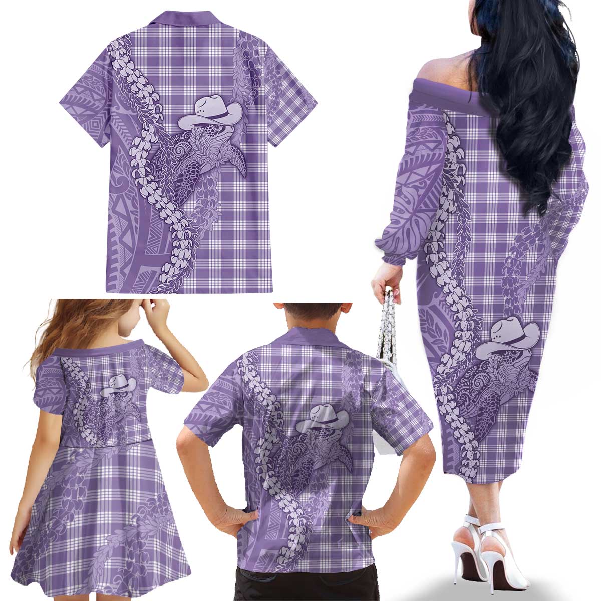 Purple Hawaii Palaka Cowboy Turtle Family Matching Off The Shoulder Long Sleeve Dress and Hawaiian Shirt Hawaiian Paniolo Puakenikeni Maile Lei - Polynesian Pride