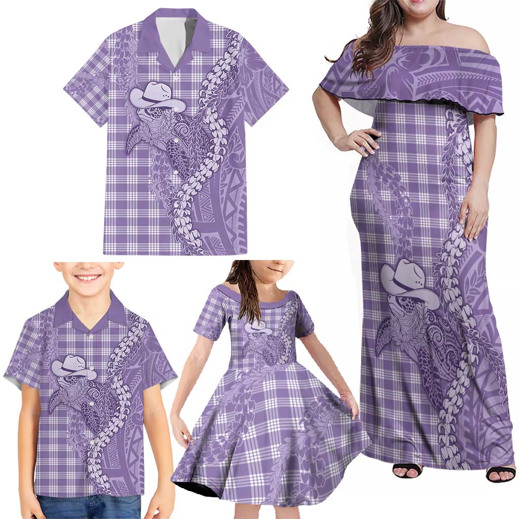 Purple Hawaii Palaka Cowboy Turtle Family Matching Off Shoulder Maxi Dress and Hawaiian Shirt Hawaiian Paniolo Puakenikeni Maile Lei - Polynesian Pride