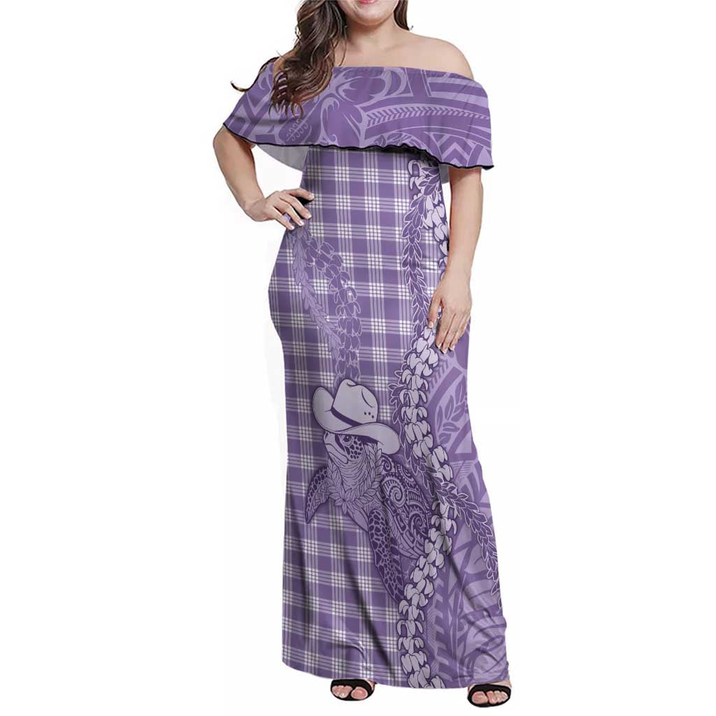Purple Hawaii Palaka Cowboy Turtle Family Matching Off Shoulder Maxi Dress and Hawaiian Shirt Hawaiian Paniolo Puakenikeni Maile Lei - Polynesian Pride
