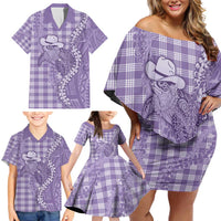 Purple Hawaii Palaka Cowboy Turtle Family Matching Off Shoulder Short Dress and Hawaiian Shirt Hawaiian Paniolo Puakenikeni Maile Lei - Polynesian Pride