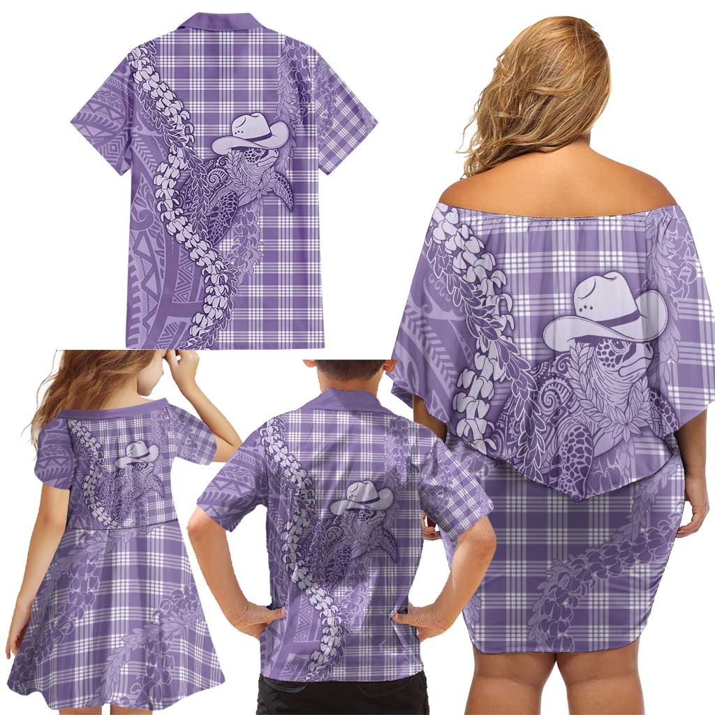 Purple Hawaii Palaka Cowboy Turtle Family Matching Off Shoulder Short Dress and Hawaiian Shirt Hawaiian Paniolo Puakenikeni Maile Lei - Polynesian Pride