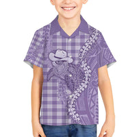 Purple Hawaii Palaka Cowboy Turtle Family Matching Off Shoulder Short Dress and Hawaiian Shirt Hawaiian Paniolo Puakenikeni Maile Lei - Polynesian Pride