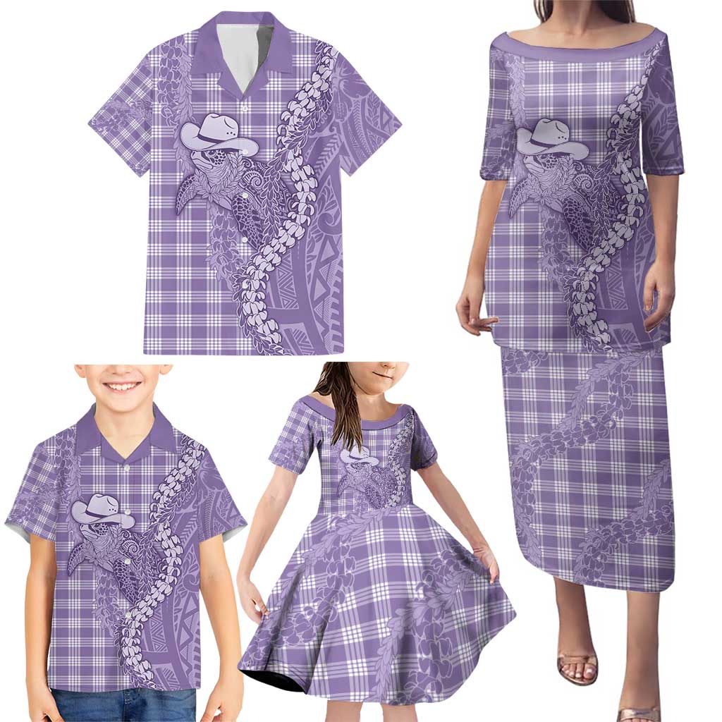 Purple Hawaii Palaka Cowboy Turtle Family Matching Puletasi and Hawaiian Shirt Hawaiian Paniolo Puakenikeni Maile Lei - Polynesian Pride