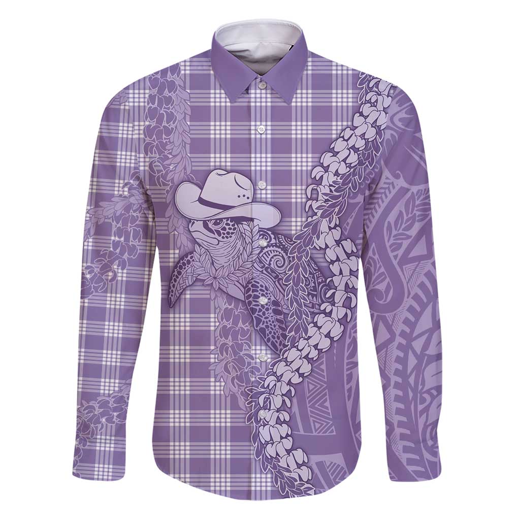 Purple Hawaii Palaka Cowboy Turtle Family Matching Puletasi and Hawaiian Shirt Hawaiian Paniolo Puakenikeni Maile Lei - Polynesian Pride