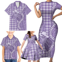Purple Hawaii Palaka Cowboy Turtle Family Matching Short Sleeve Bodycon Dress and Hawaiian Shirt Hawaiian Paniolo Puakenikeni Maile Lei - Polynesian Pride