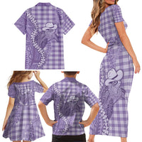 Purple Hawaii Palaka Cowboy Turtle Family Matching Short Sleeve Bodycon Dress and Hawaiian Shirt Hawaiian Paniolo Puakenikeni Maile Lei - Polynesian Pride