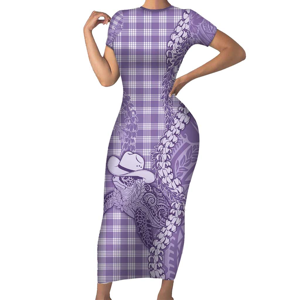 Purple Hawaii Palaka Cowboy Turtle Family Matching Short Sleeve Bodycon Dress and Hawaiian Shirt Hawaiian Paniolo Puakenikeni Maile Lei - Polynesian Pride